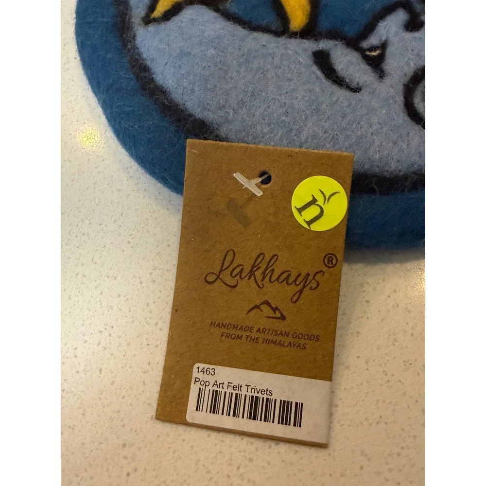 Lakhays Pop Art Felt Trivet Sun Moon Celestial Handmade‎ Wool Blue Yellow  New